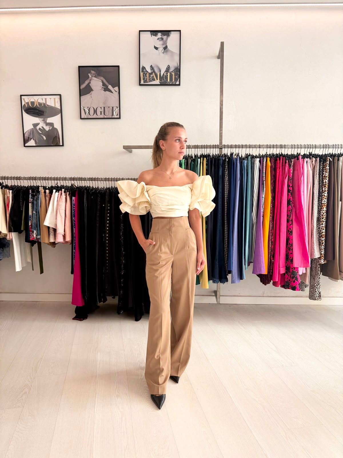 Top couture con maxi ruches + Pantaloni a palazzo con doppie pinces