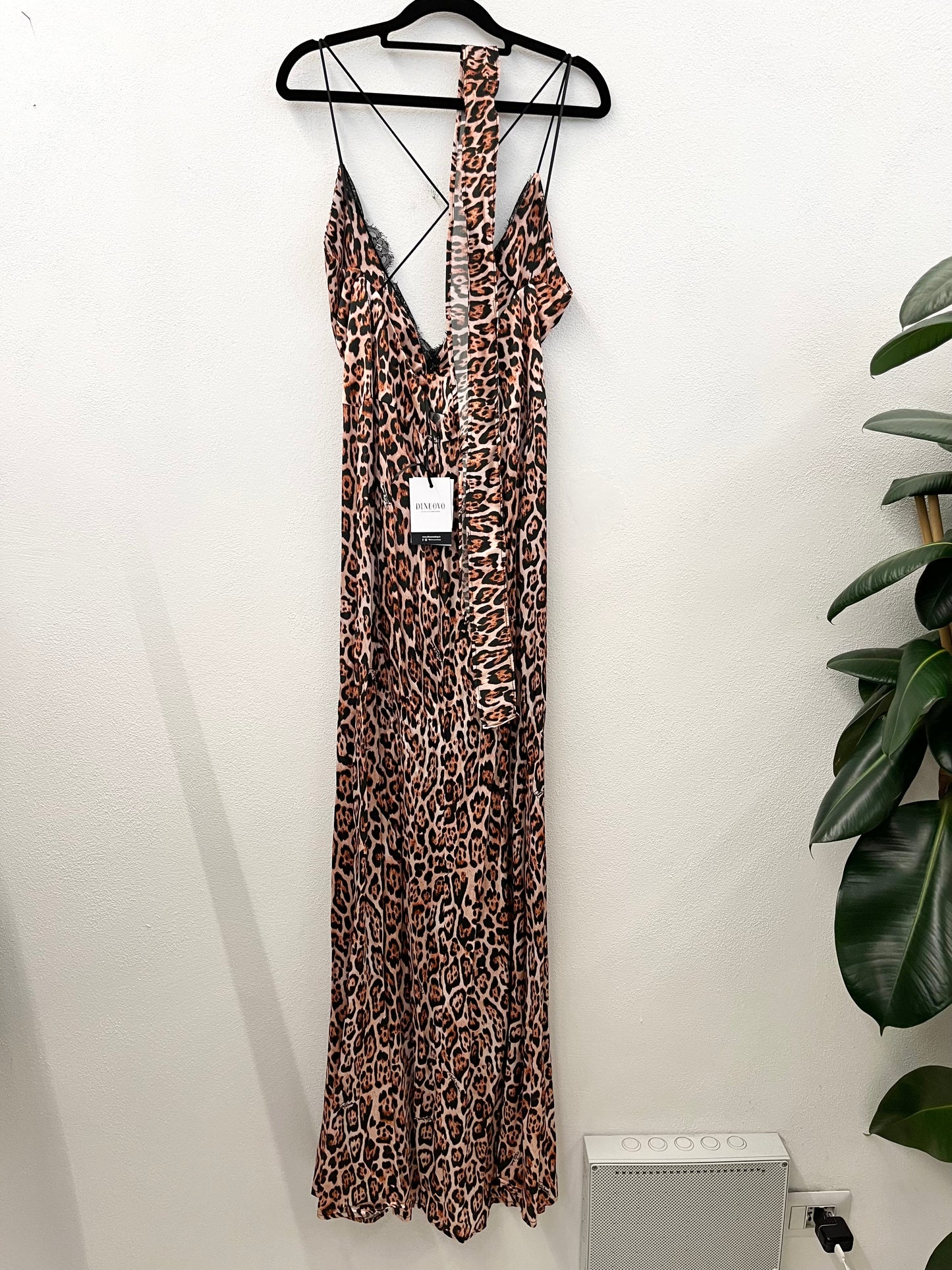 Roberto Cavalli animal print slip dress with lace inserts