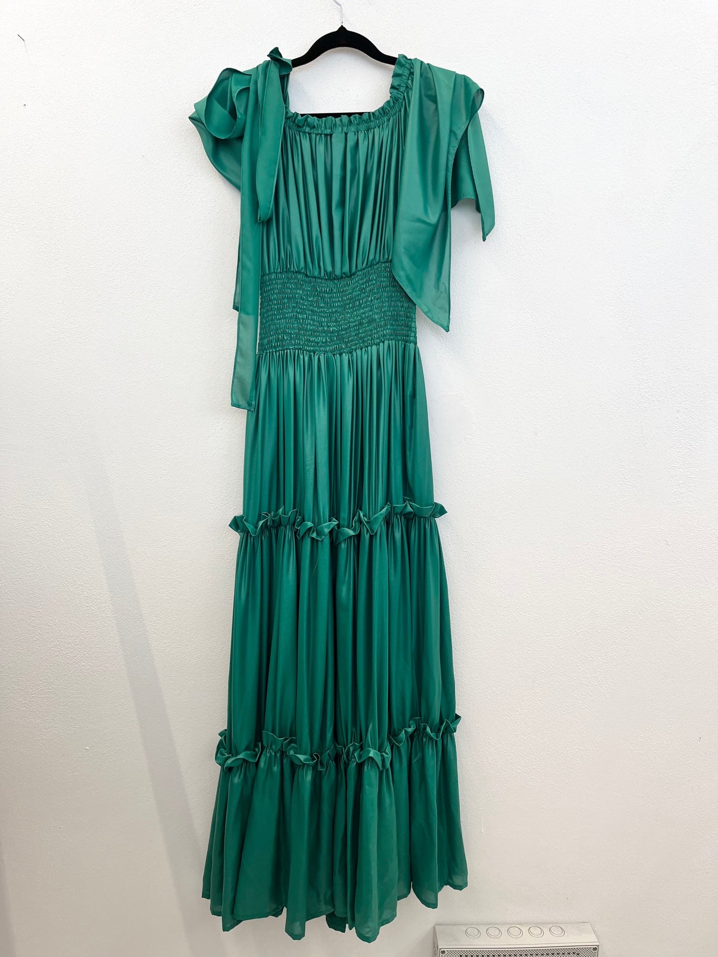 Paris Valtadoros Emerald Green Satin Long Dress with Smock Stitch