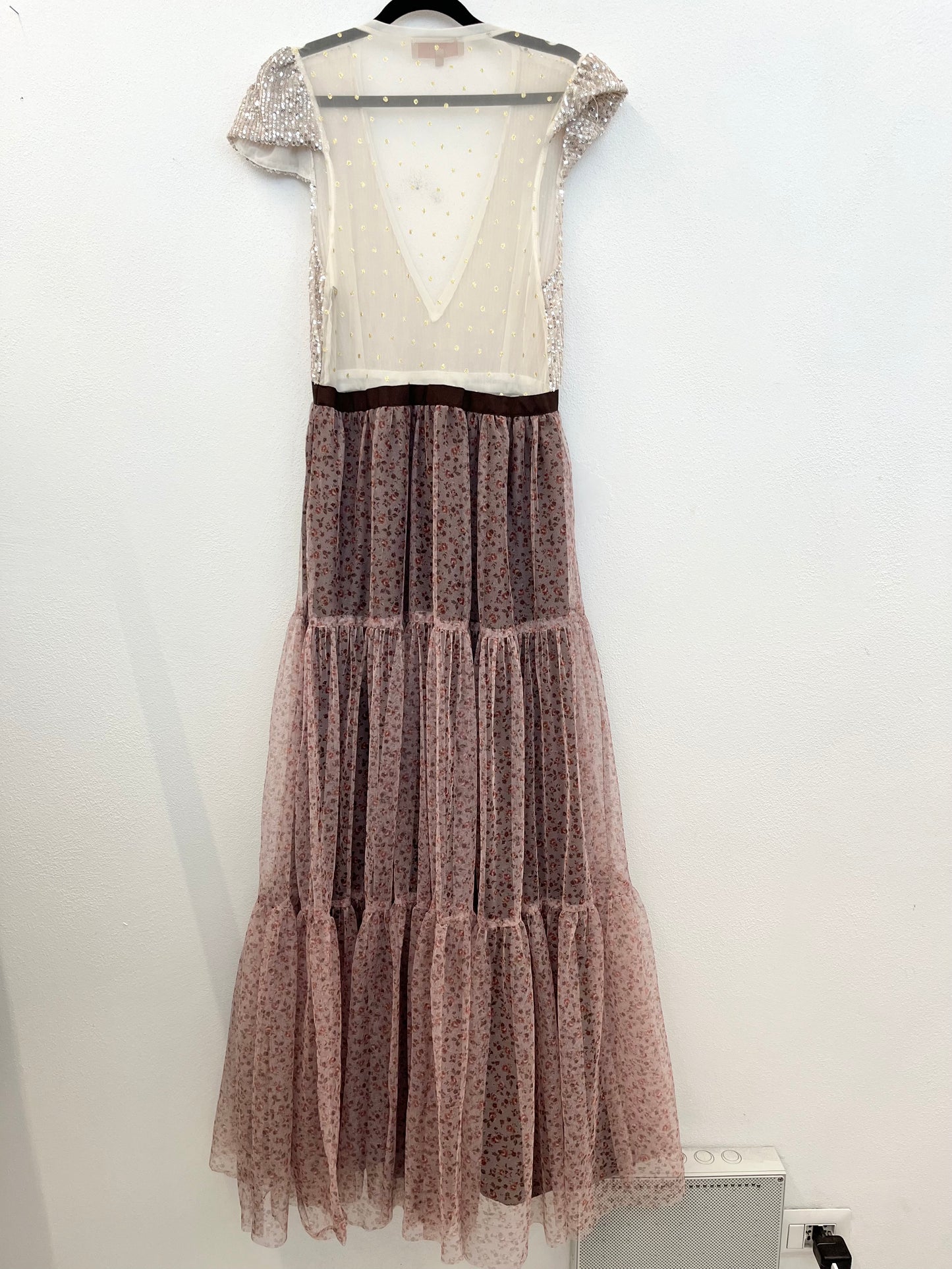 Madame ShouShou Evening Gown with Silver Sequin Bodice and Pink Tulle Skirt