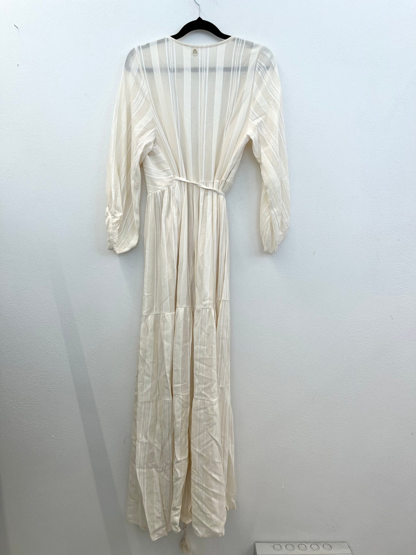 Souvenir Long Ivory Wrap Dress with Puffed Sleeves and Striped Texture