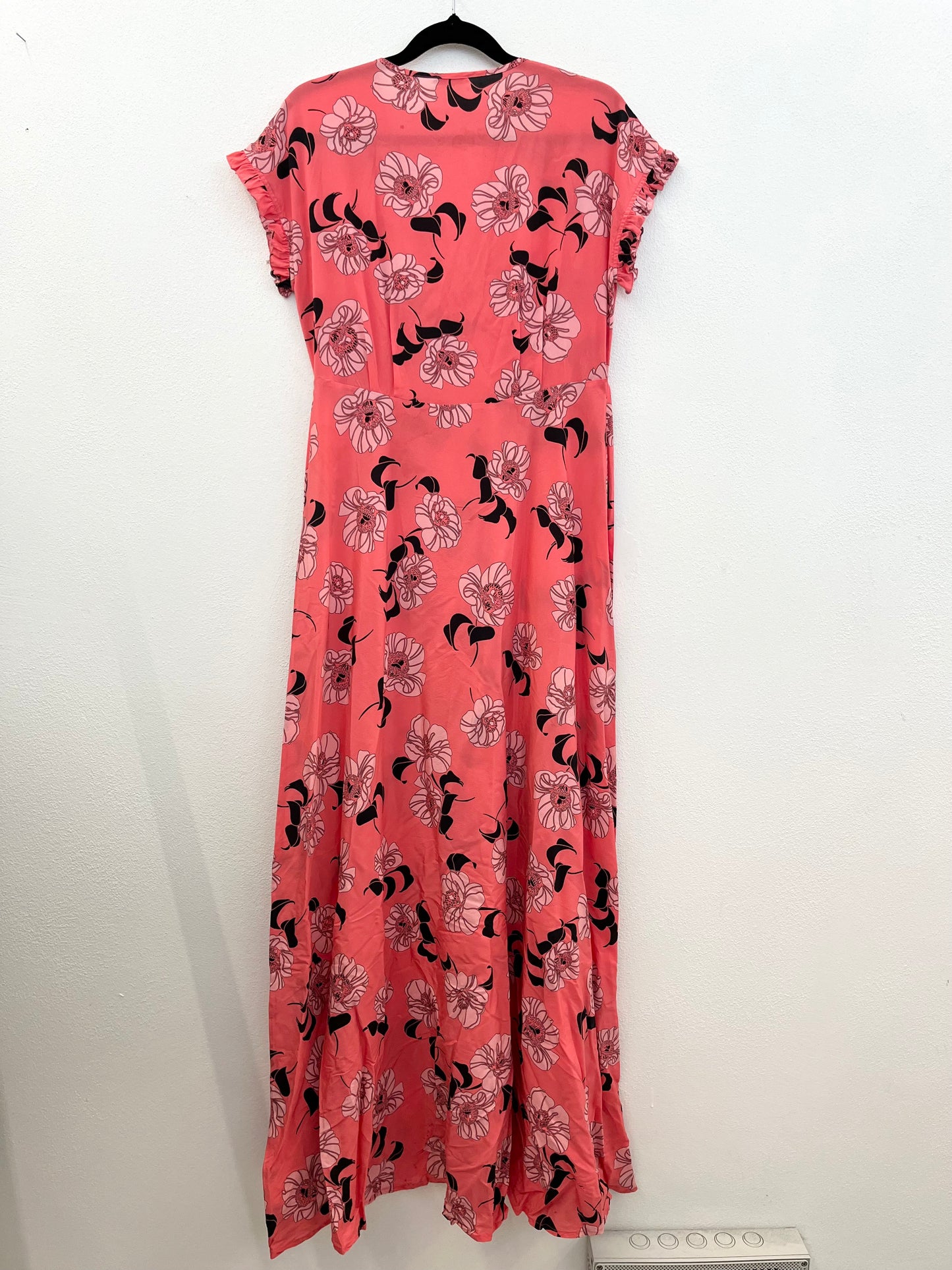 PAROSH Coral Long Dress with Black Floral Print and Ruffle Trims