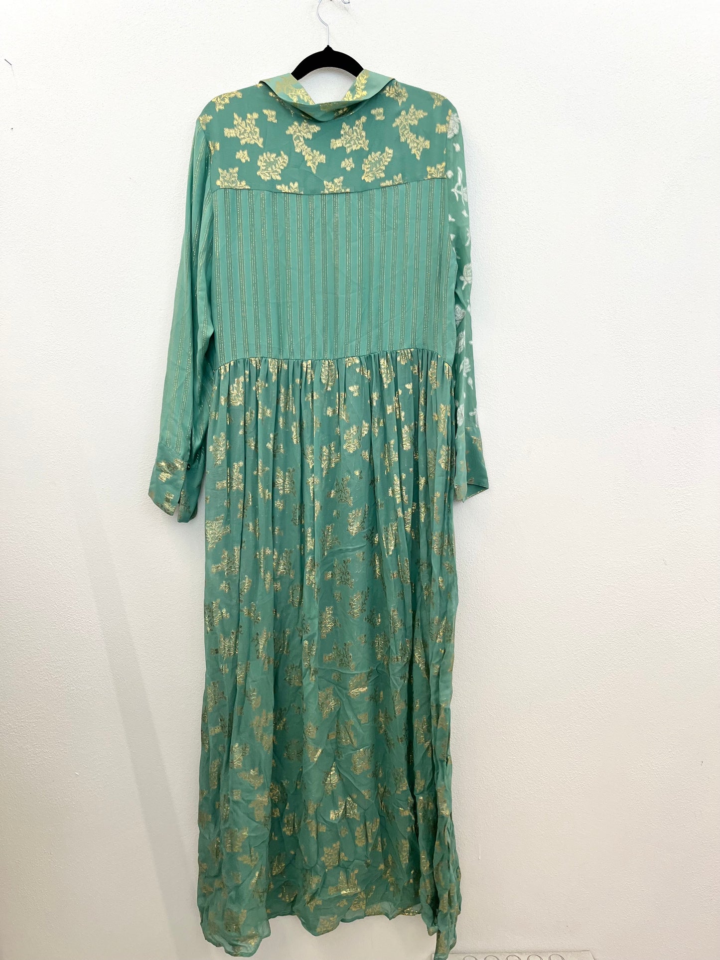 Semicouture Petrol Green Chemisier Dress with Gold Embroidery and Pattern Patchwork