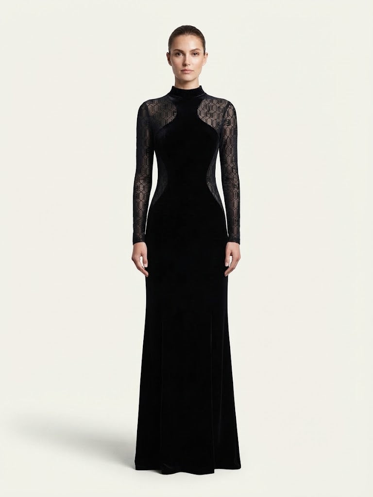 Abito lungo Elisabetta Franchi in velluto con inserti in mesh