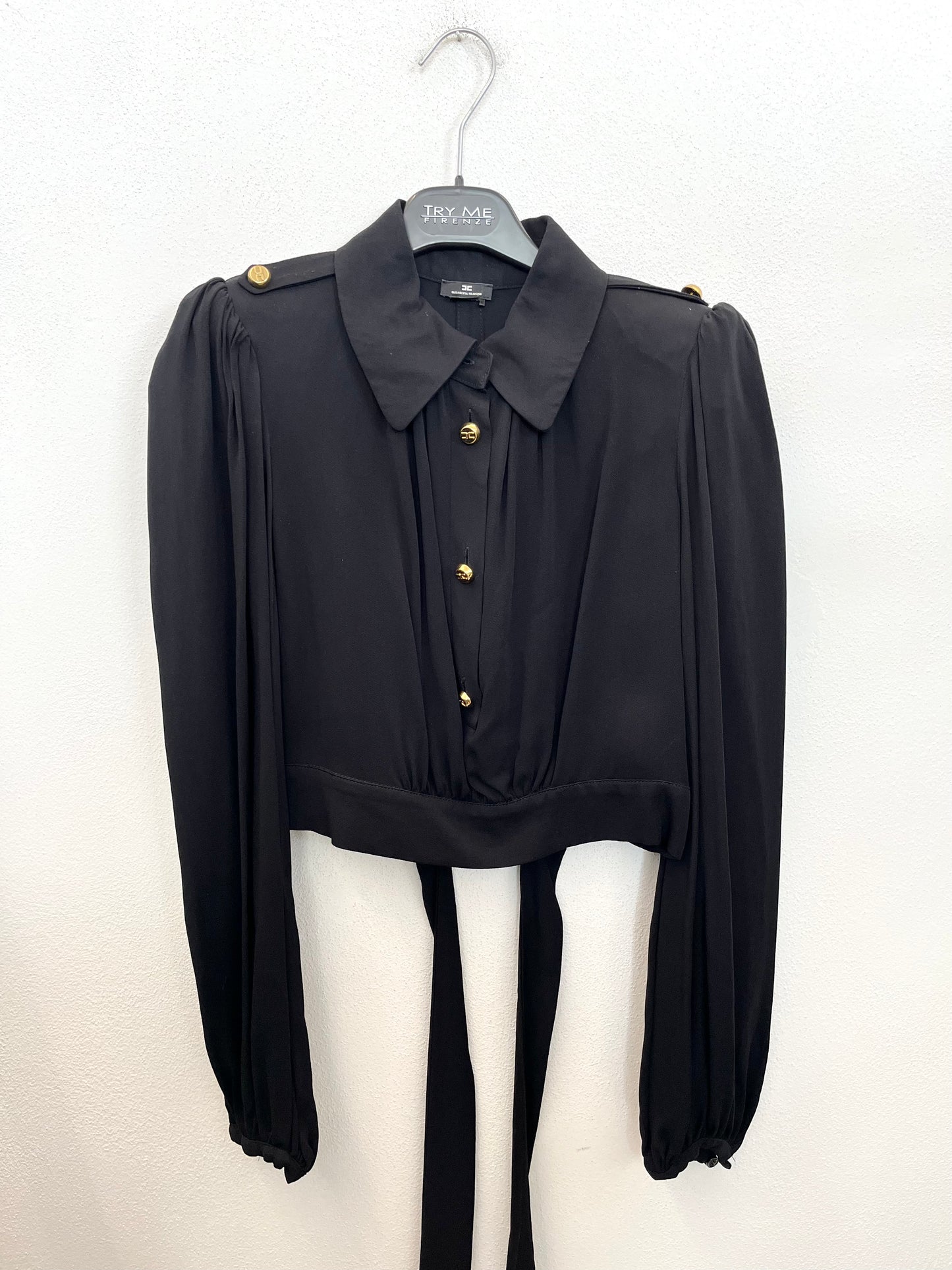 Elisabetta Franchi cropped blouse with golden buttons and puff sleeves