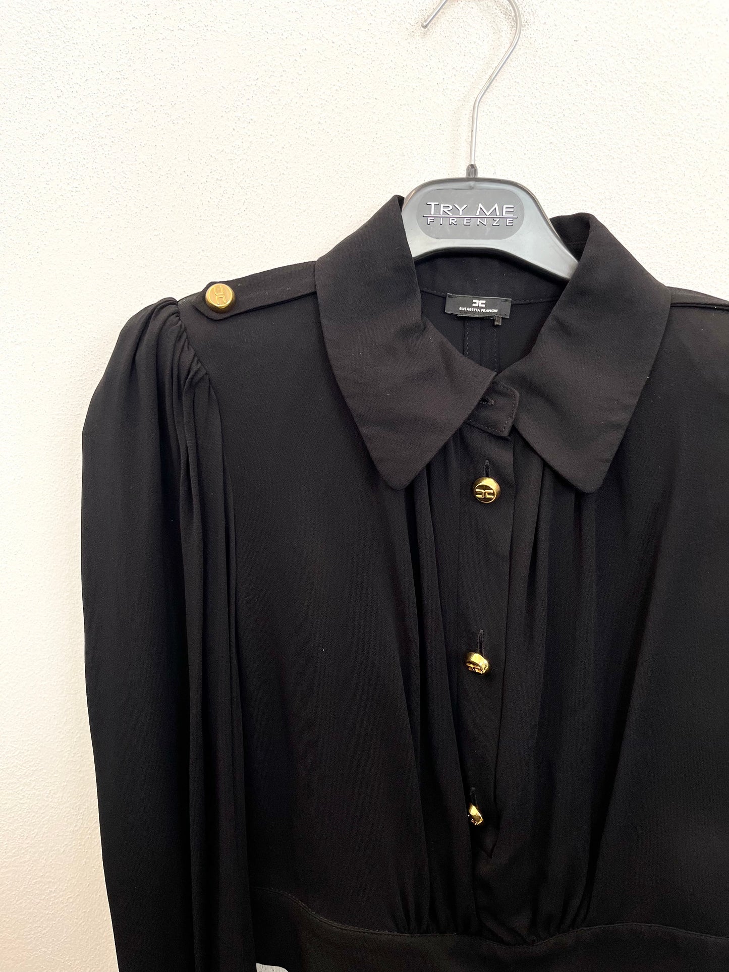 Elisabetta Franchi cropped blouse with golden buttons and puff sleeves