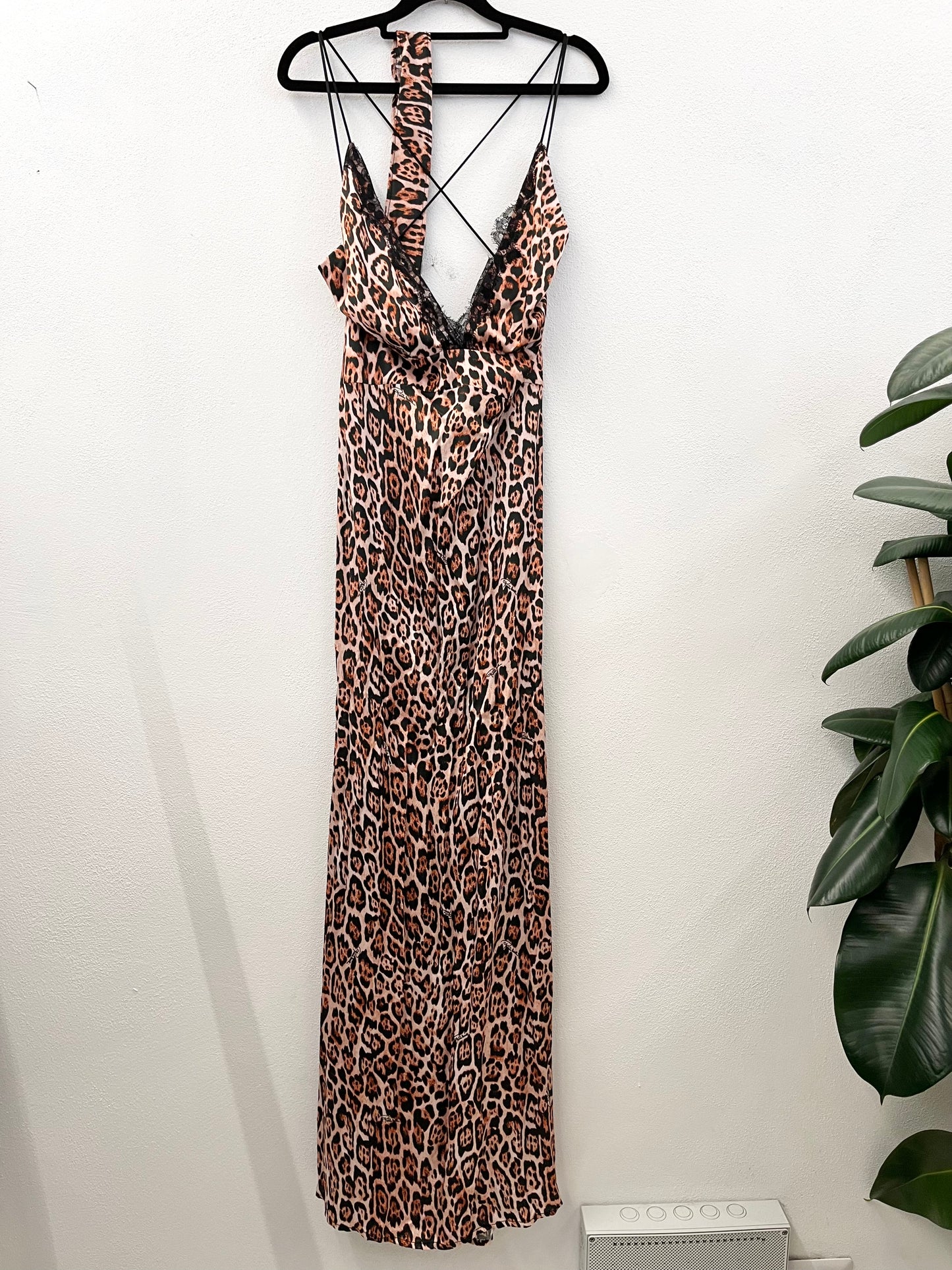 Roberto Cavalli animal print slip dress with lace inserts
