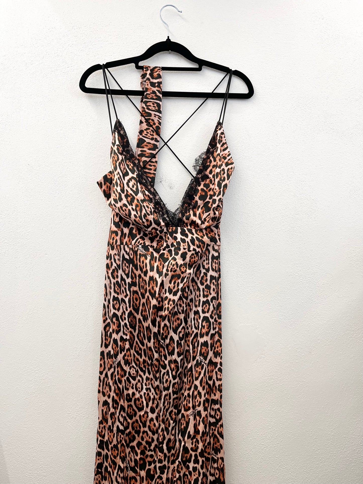 Roberto Cavalli animal print slip dress with lace inserts