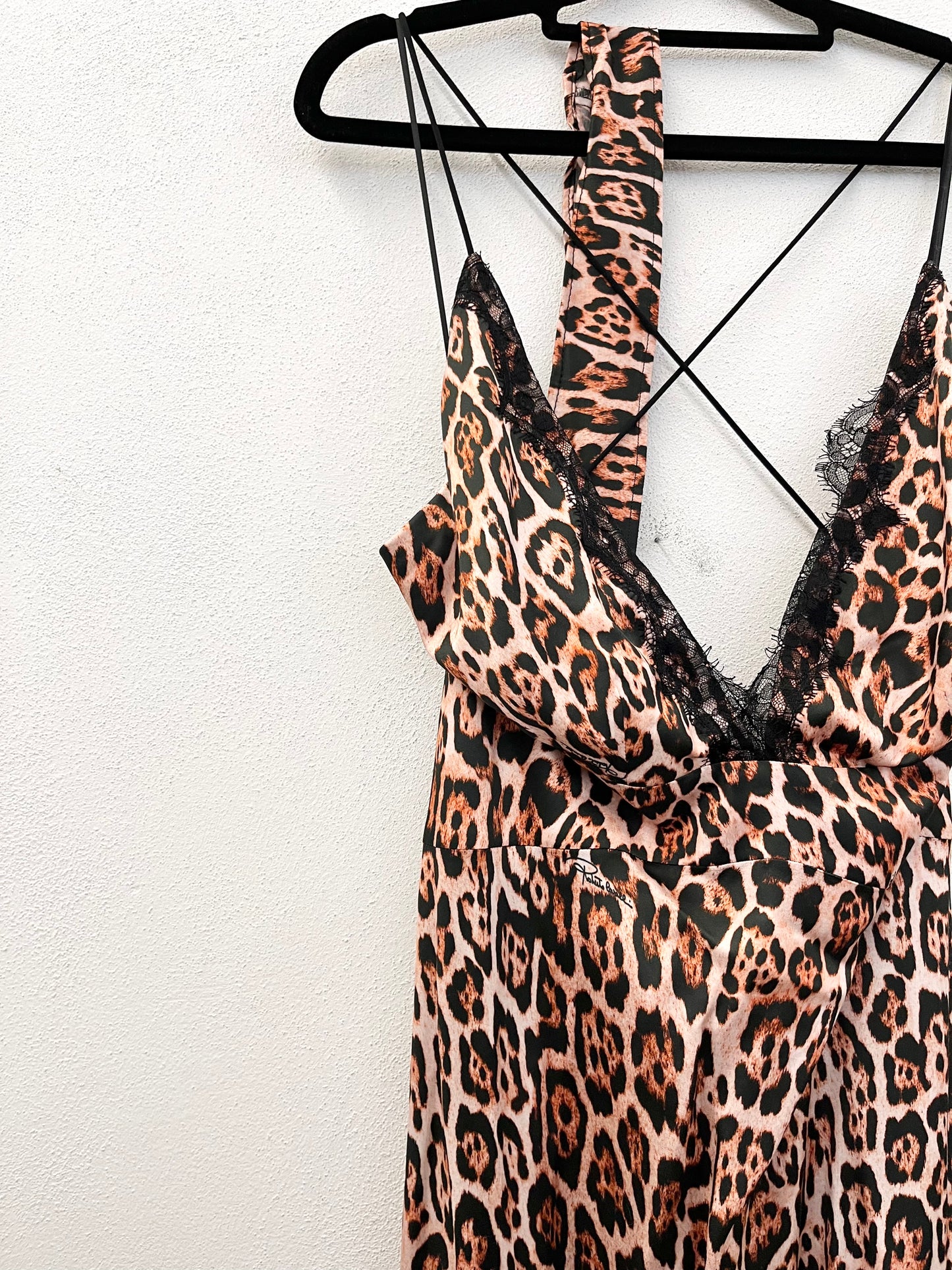 Roberto Cavalli animal print slip dress with lace inserts