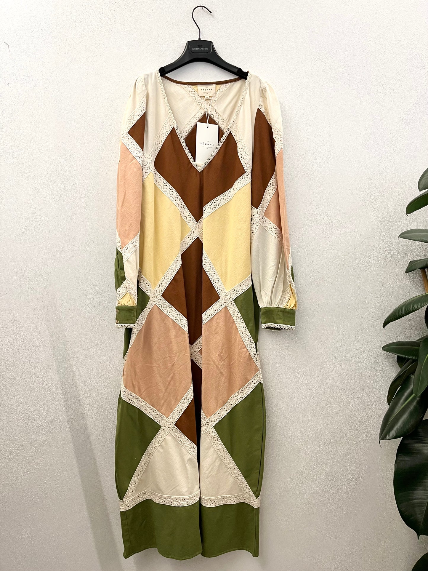 Sezane Geometric Patchwork Dress with Lace