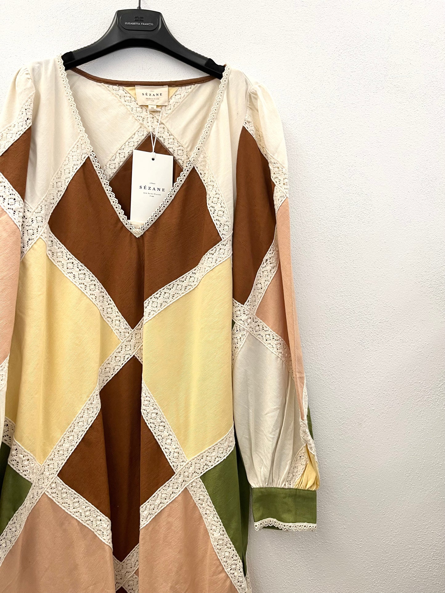 Sezane Geometric Patchwork Dress with Lace