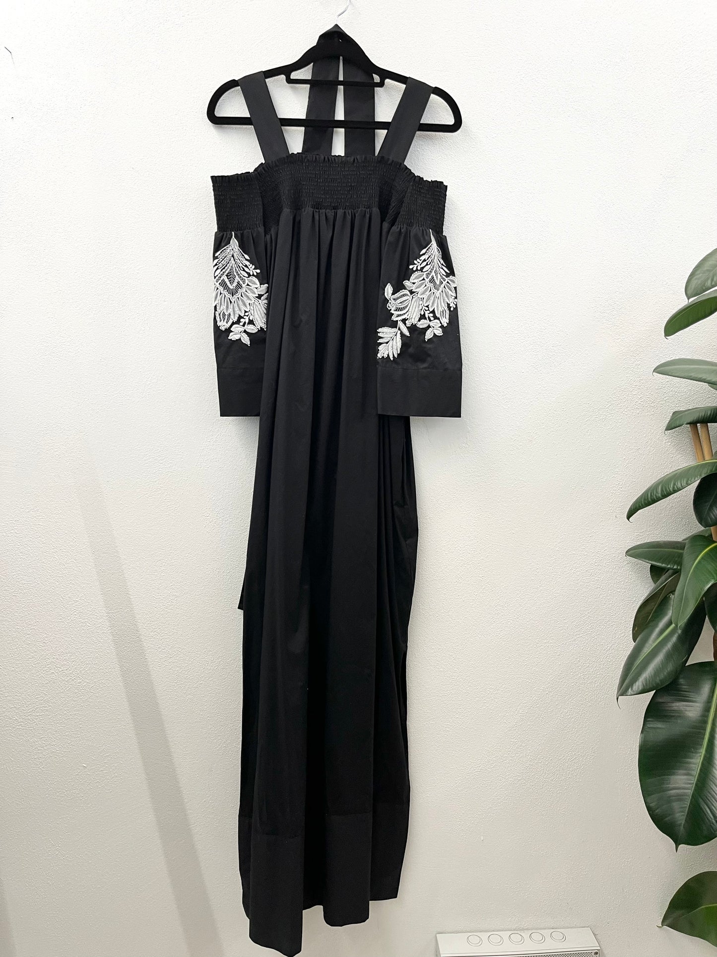 TwinSet Off-Shoulder Long Dress with Black and White Embroidery