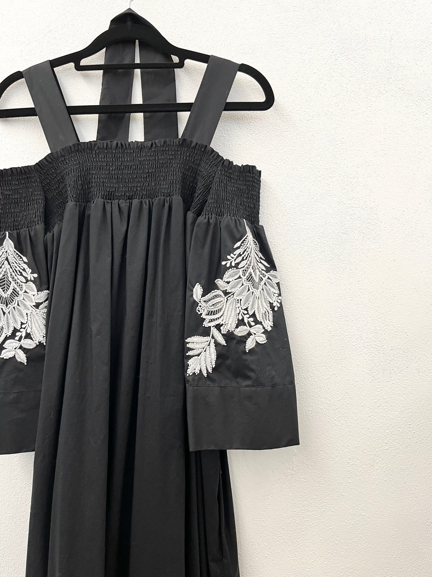 TwinSet Off-Shoulder Long Dress with Black and White Embroidery