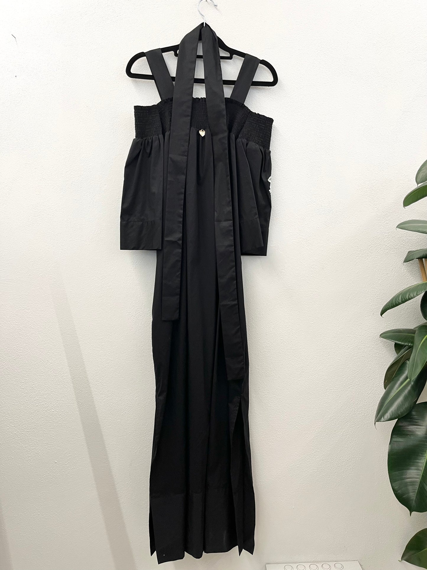 TwinSet Off-Shoulder Long Dress with Black and White Embroidery