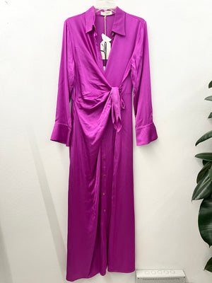 Abito Camicia Lungo di Anna Palmer in Raso Fucsia Drappeggiato
