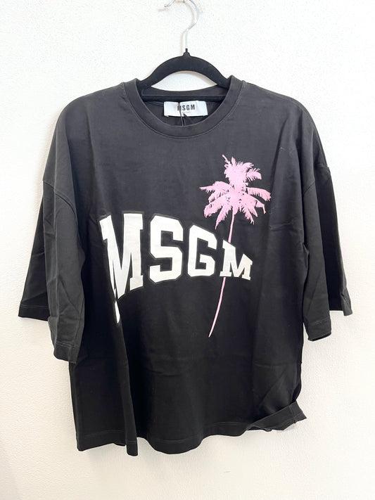T-shirt di MSGM nera con logo e stampa palma rosa