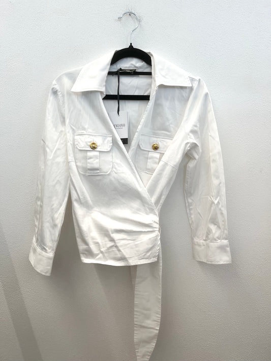 Camicia di Elisabetta Franchi Wrap con Tasche e Dettagli Dorati Bianca