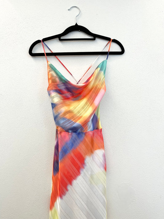 Abito Lungo di Actualee a Sottoveste in Seta Astratta Multicolore