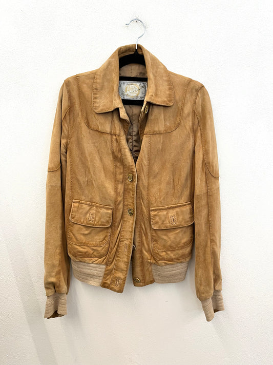 Giacca Bomber di Vintage de Luxe in Pelle Scamosciata Cognac