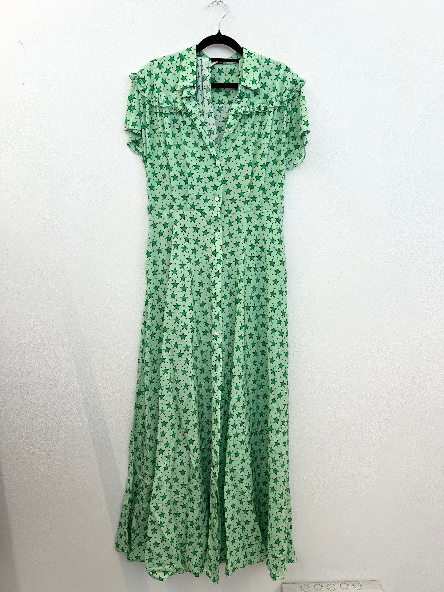 PAROSH Mint Green Long Dress with Star Print and Sartorial Ruffles