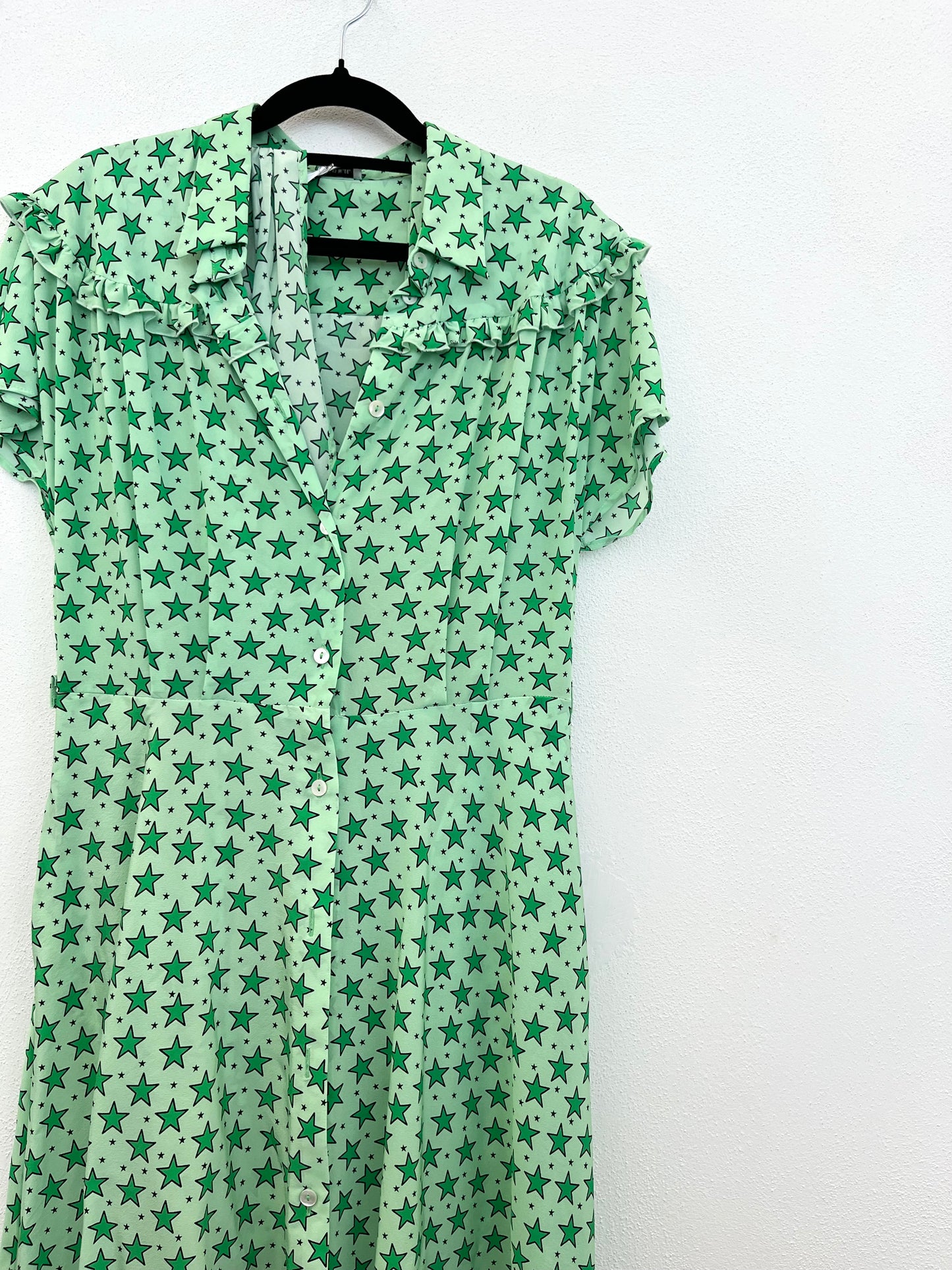 PAROSH Mint Green Long Dress with Star Print and Sartorial Ruffles