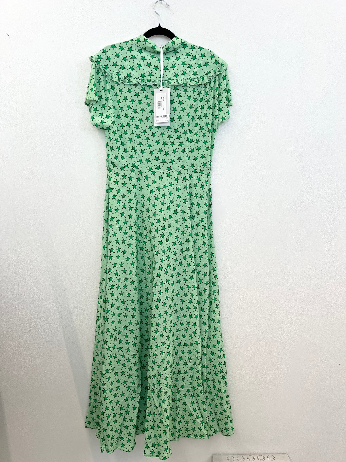 PAROSH Mint Green Long Dress with Star Print and Sartorial Ruffles