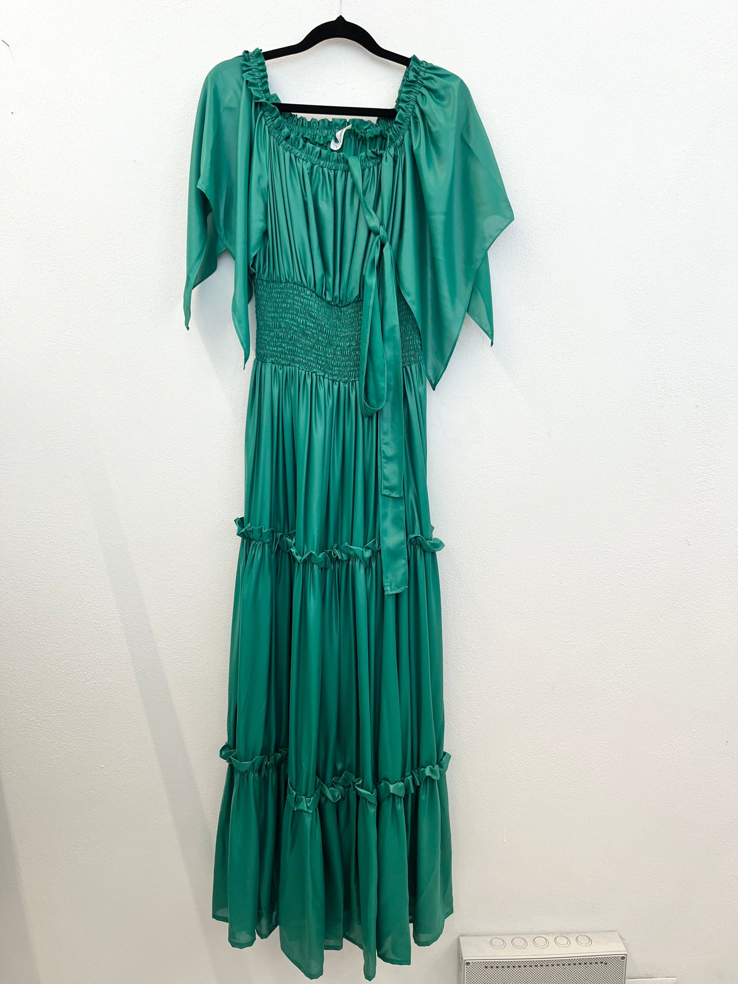 Paris Valtadoros Emerald Green Satin Long Dress with Smock Stitch
