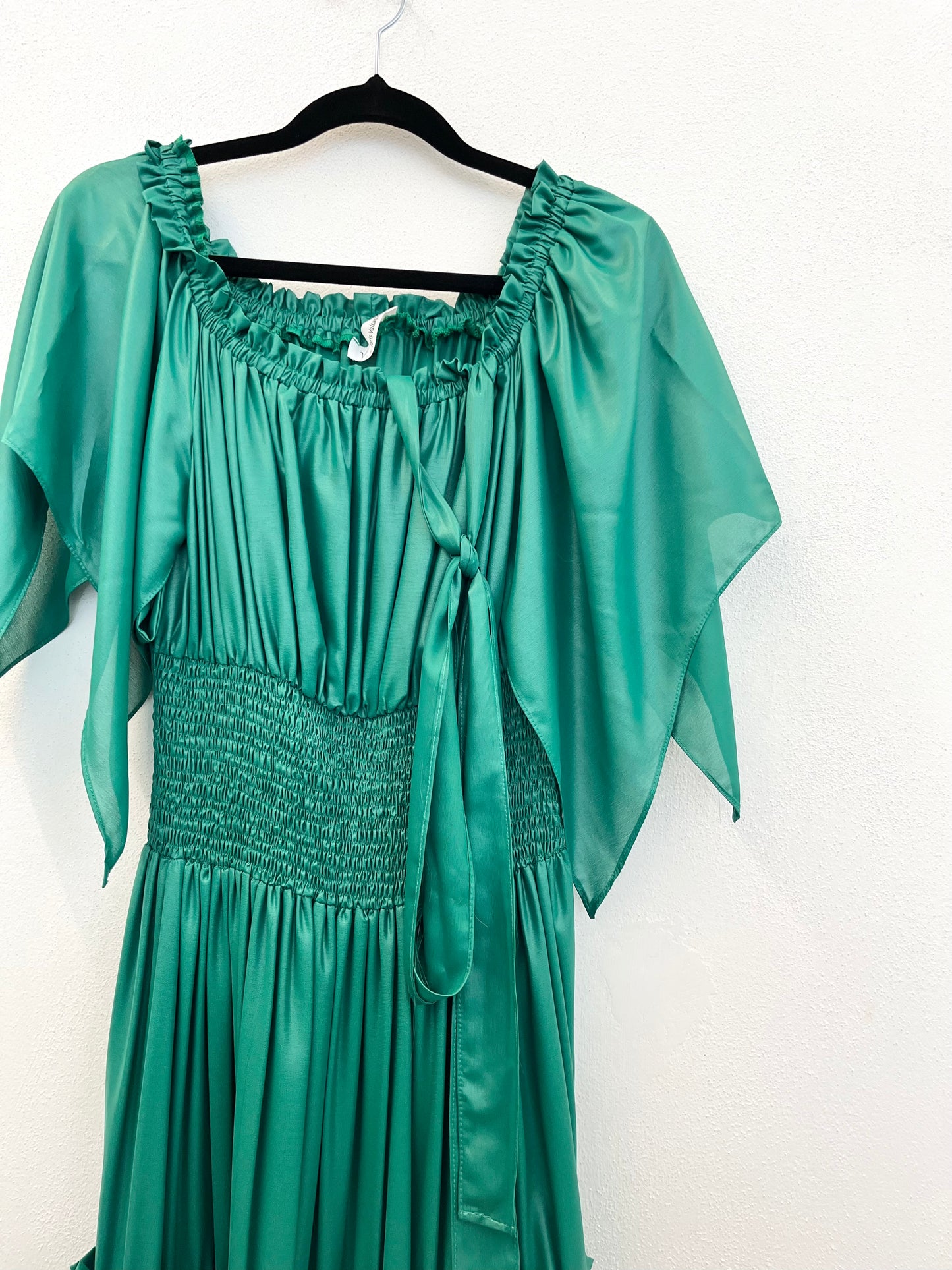 Paris Valtadoros Emerald Green Satin Long Dress with Smock Stitch