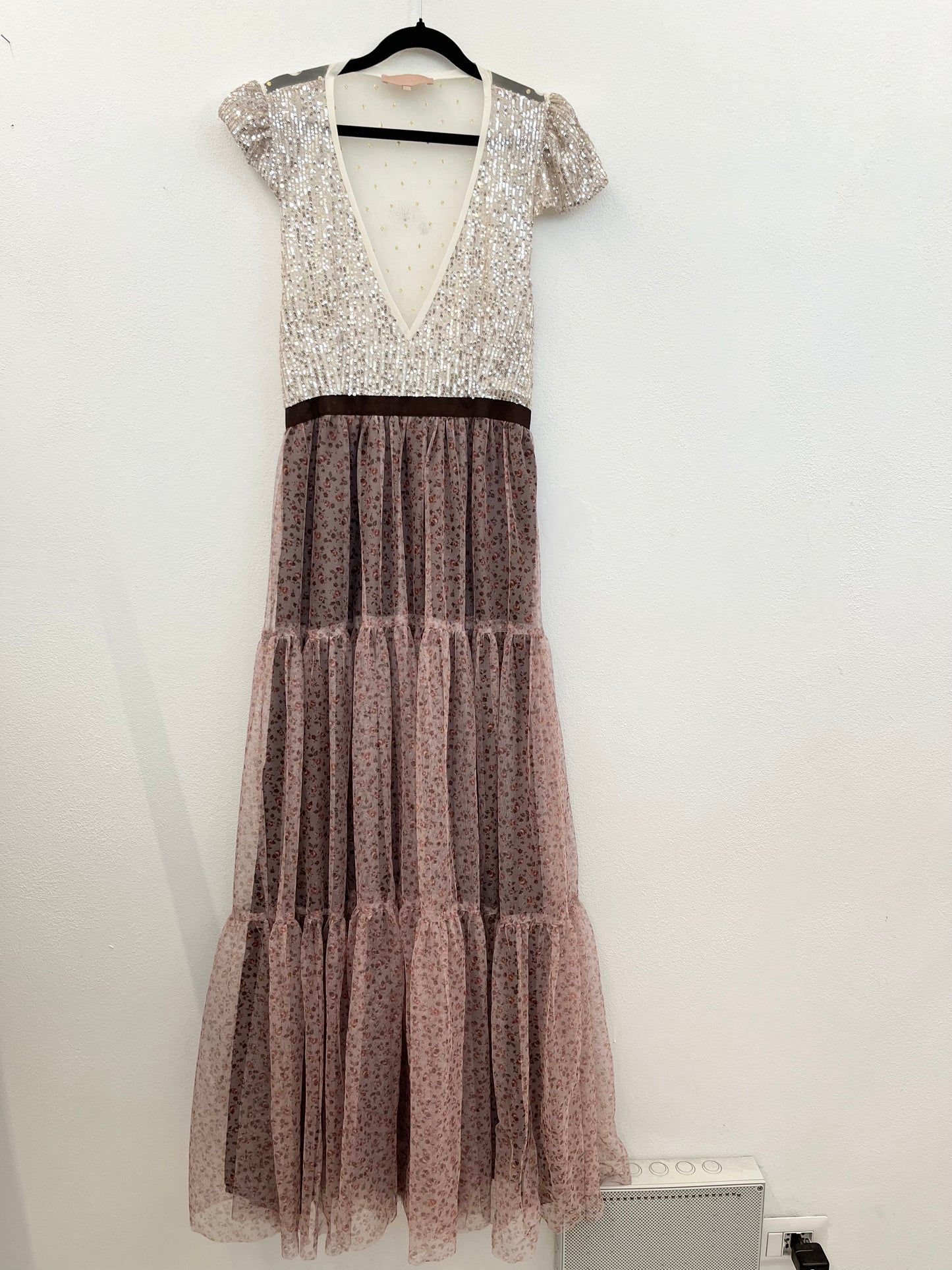 Madame ShouShou Evening Gown with Silver Sequin Bodice and Pink Tulle Skirt