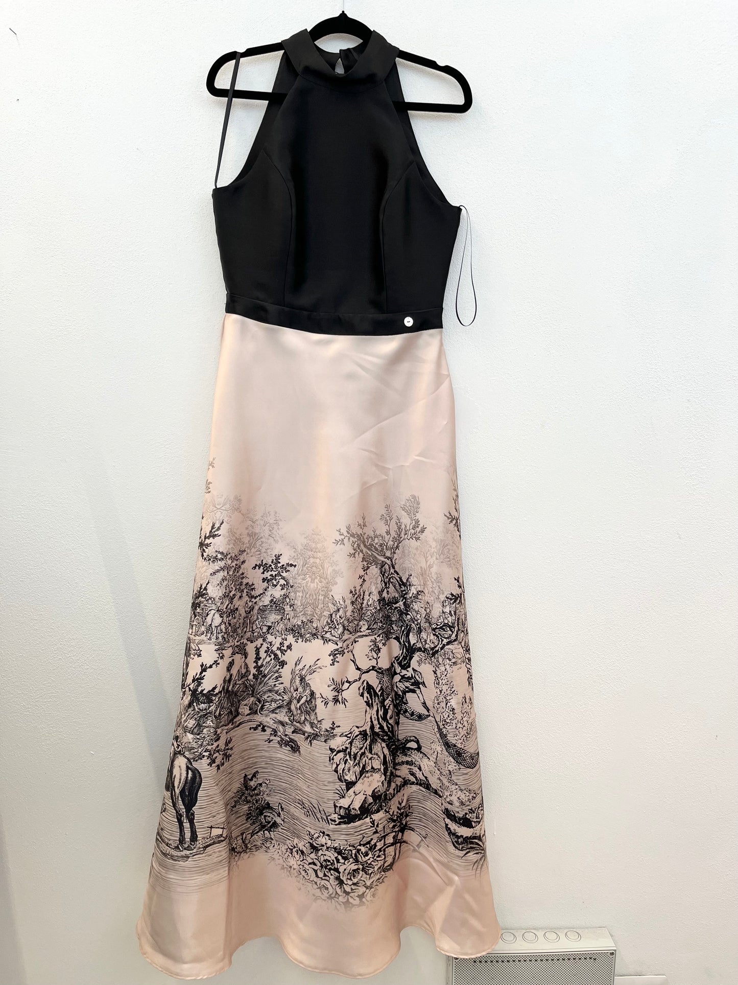 Nualy Halterneck Pink Satin Dress with Toile de Jouy Print