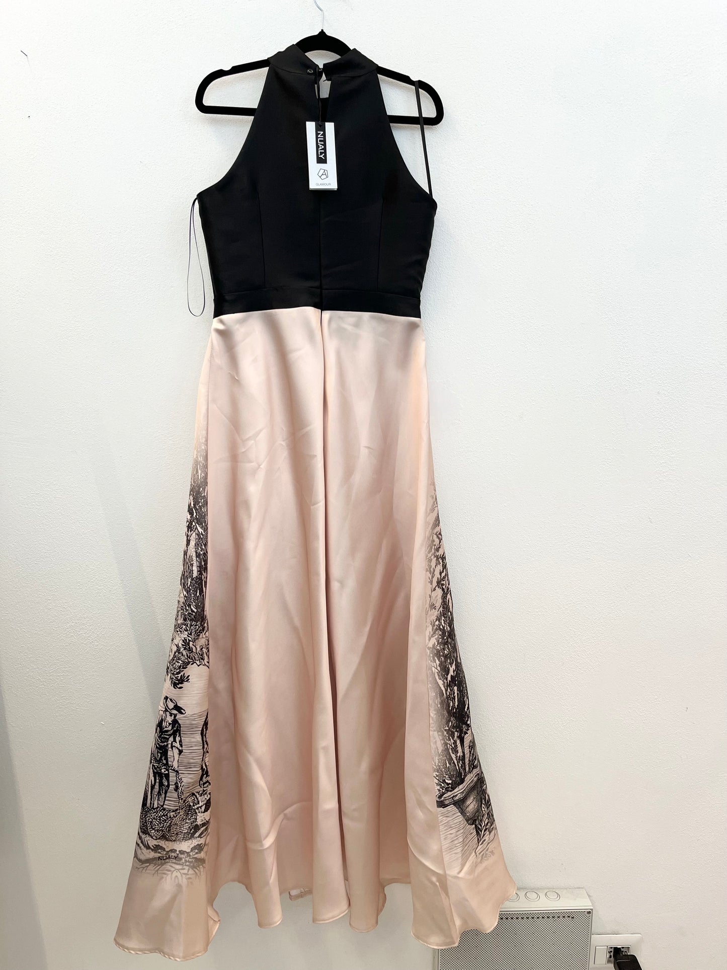 Nualy Halterneck Pink Satin Dress with Toile de Jouy Print