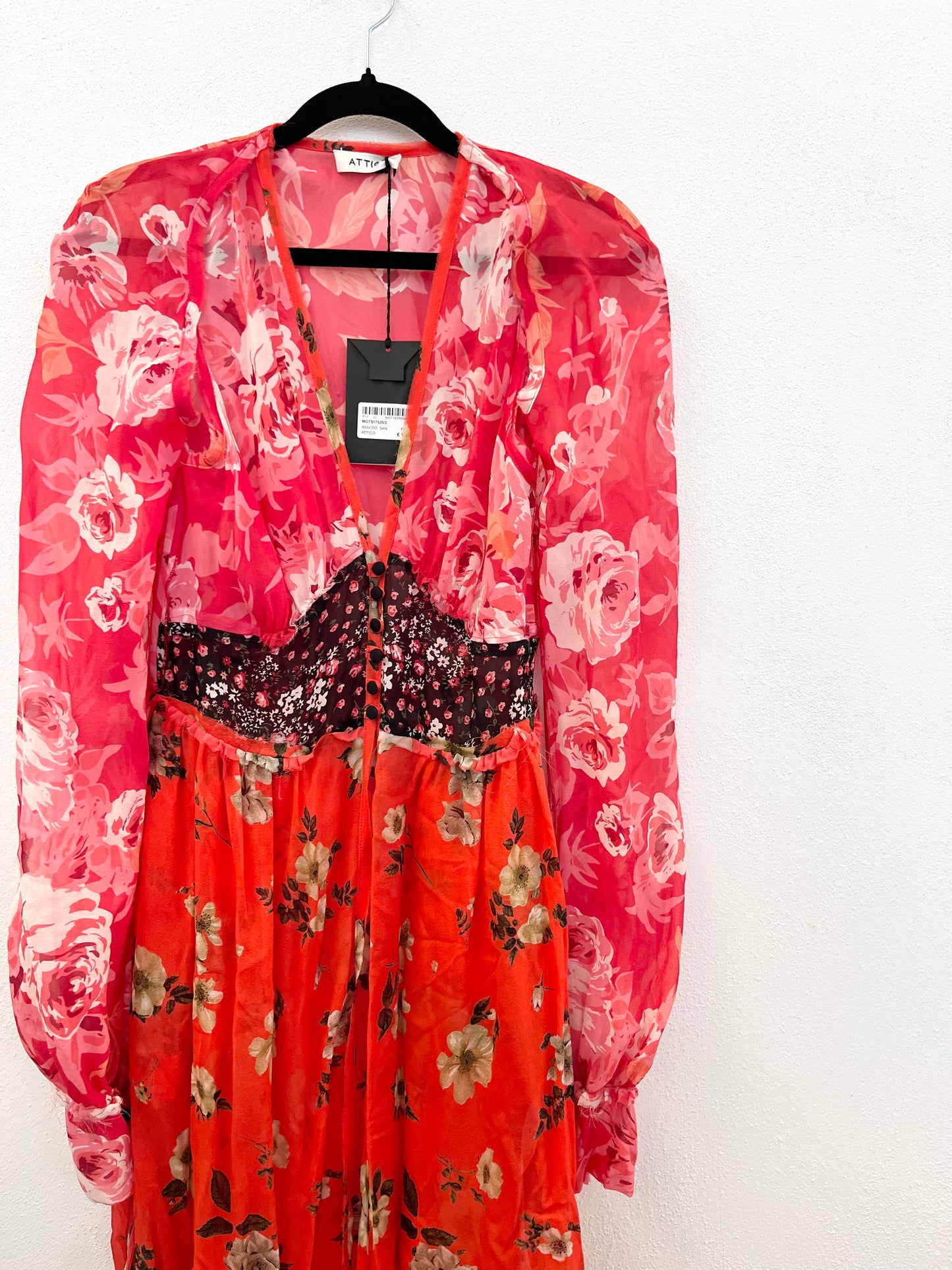Abito Lungo Attico in Chiffon con Stampa Floreale e Maniche Trasparenti