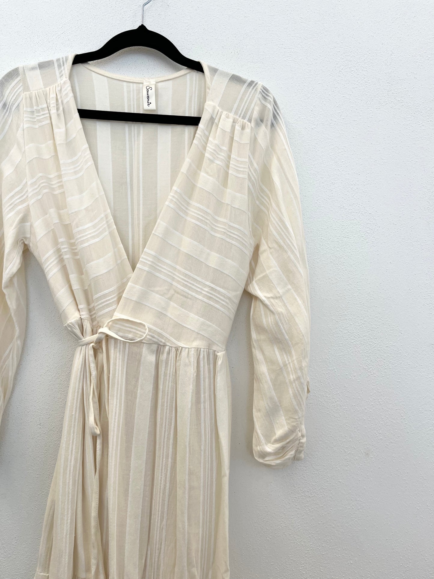 Souvenir Long Ivory Wrap Dress with Puffed Sleeves and Striped Texture