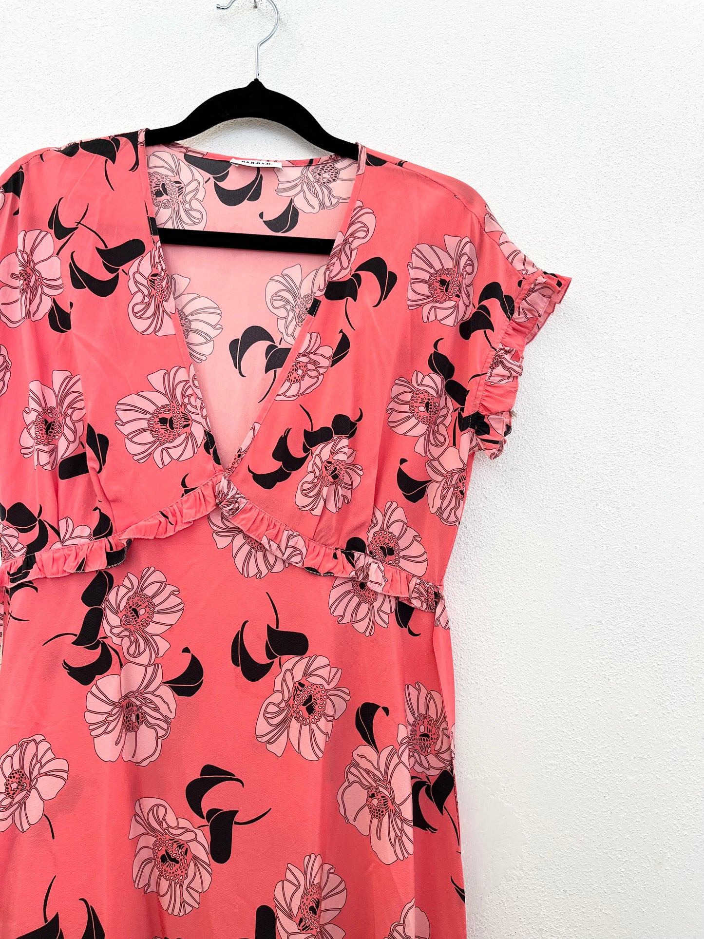 PAROSH Coral Long Dress with Black Floral Print and Ruffle Trims