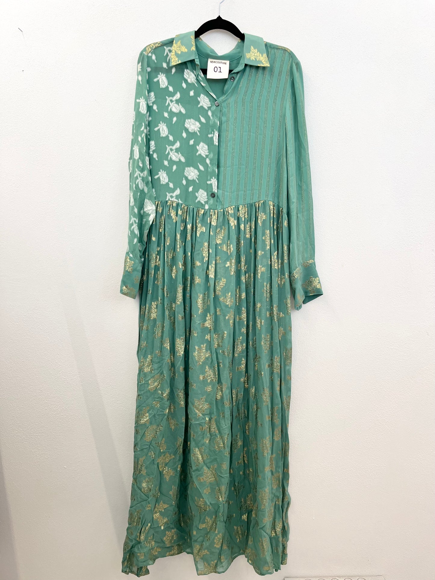Semicouture Petrol Green Chemisier Dress with Gold Embroidery and Pattern Patchwork