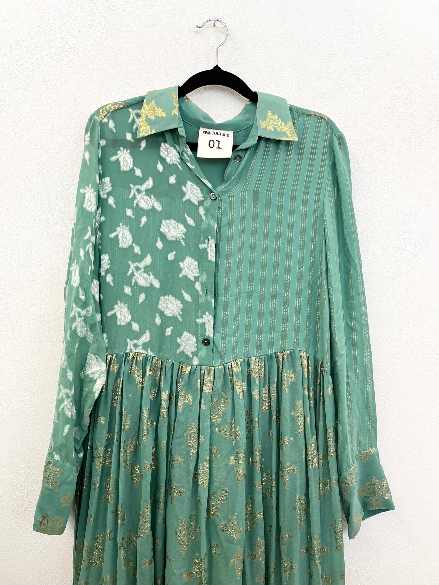 Semicouture Petrol Green Chemisier Dress with Gold Embroidery and Pattern Patchwork