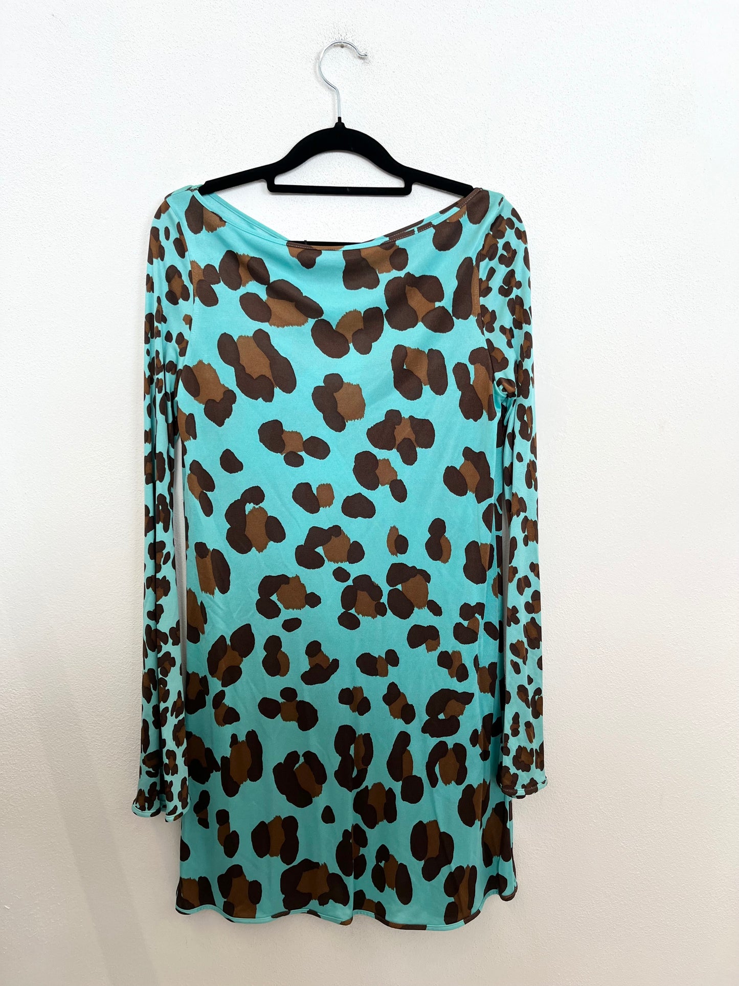 Mini Dress di Blumarine Animalier Turchese con Maniche a Campana