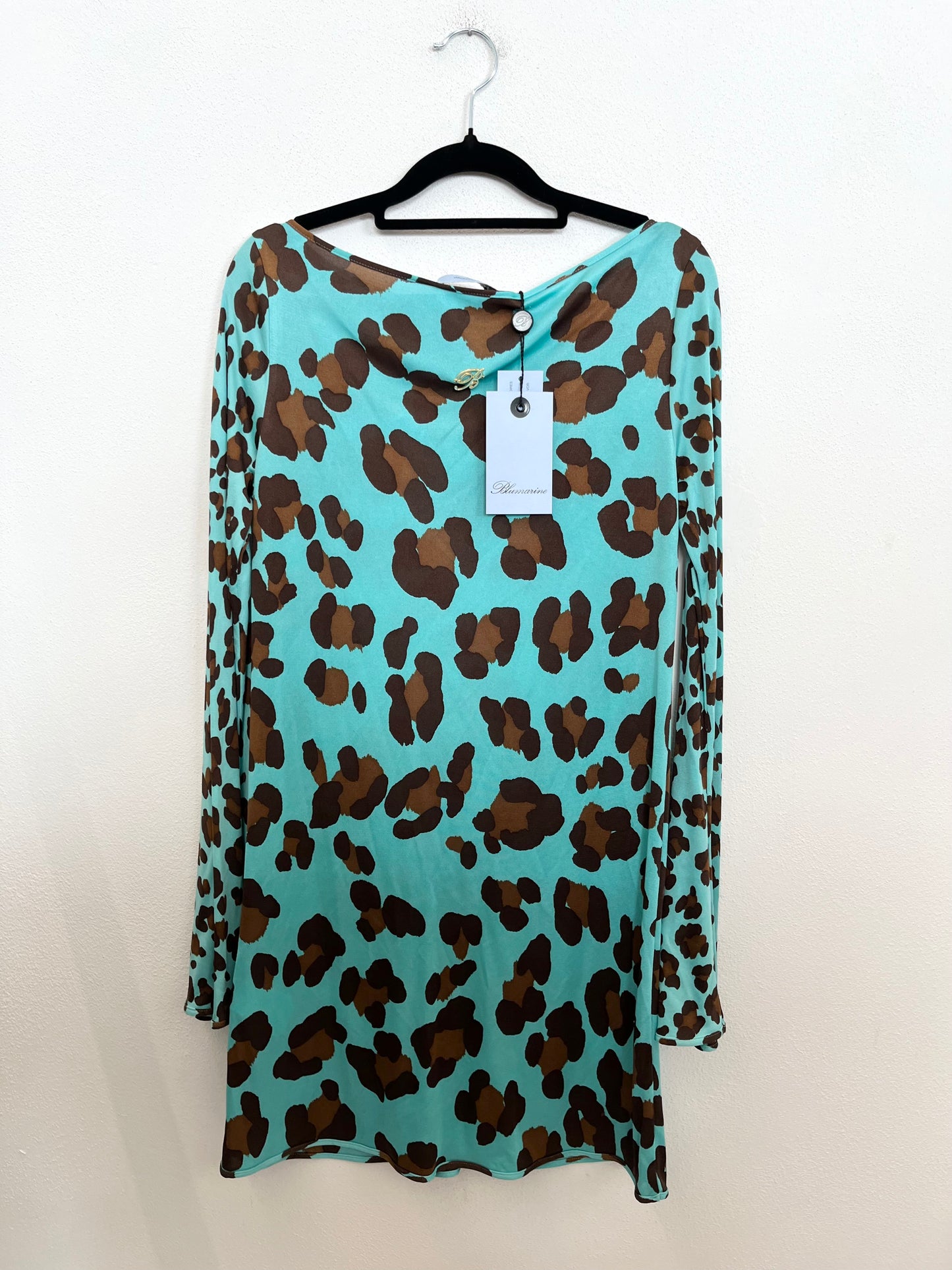 Mini Dress di Blumarine Animalier Turchese con Maniche a Campana