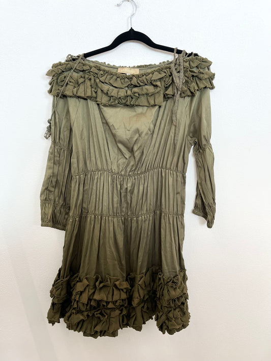 Mini Dress Ermanno Verde Oliva con Volant e Scollo Bardot