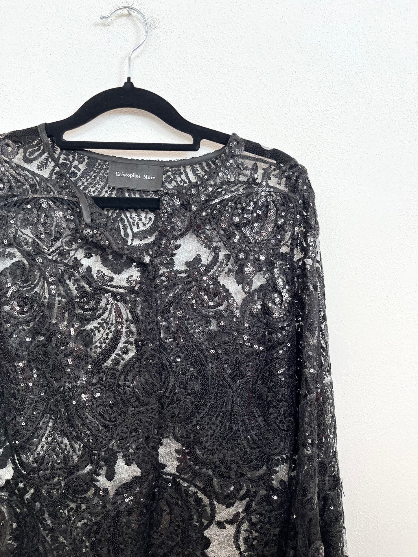 Top Cristopher More in Pizzo e Paillettes Nero