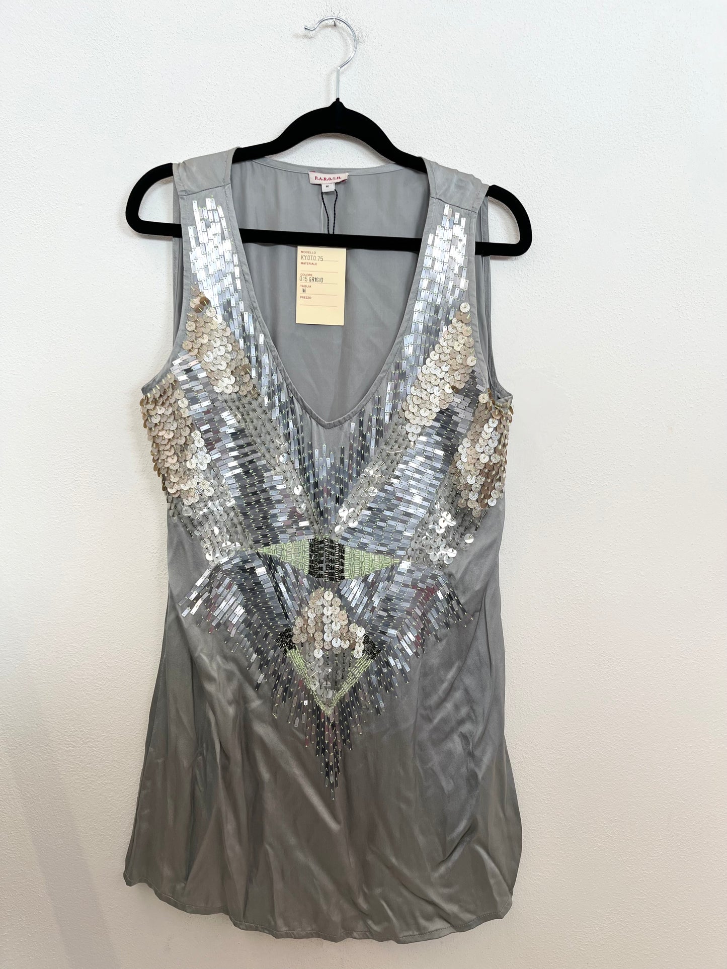 PAROSH Grey Jewel Tank Top with Sequin Embroidery