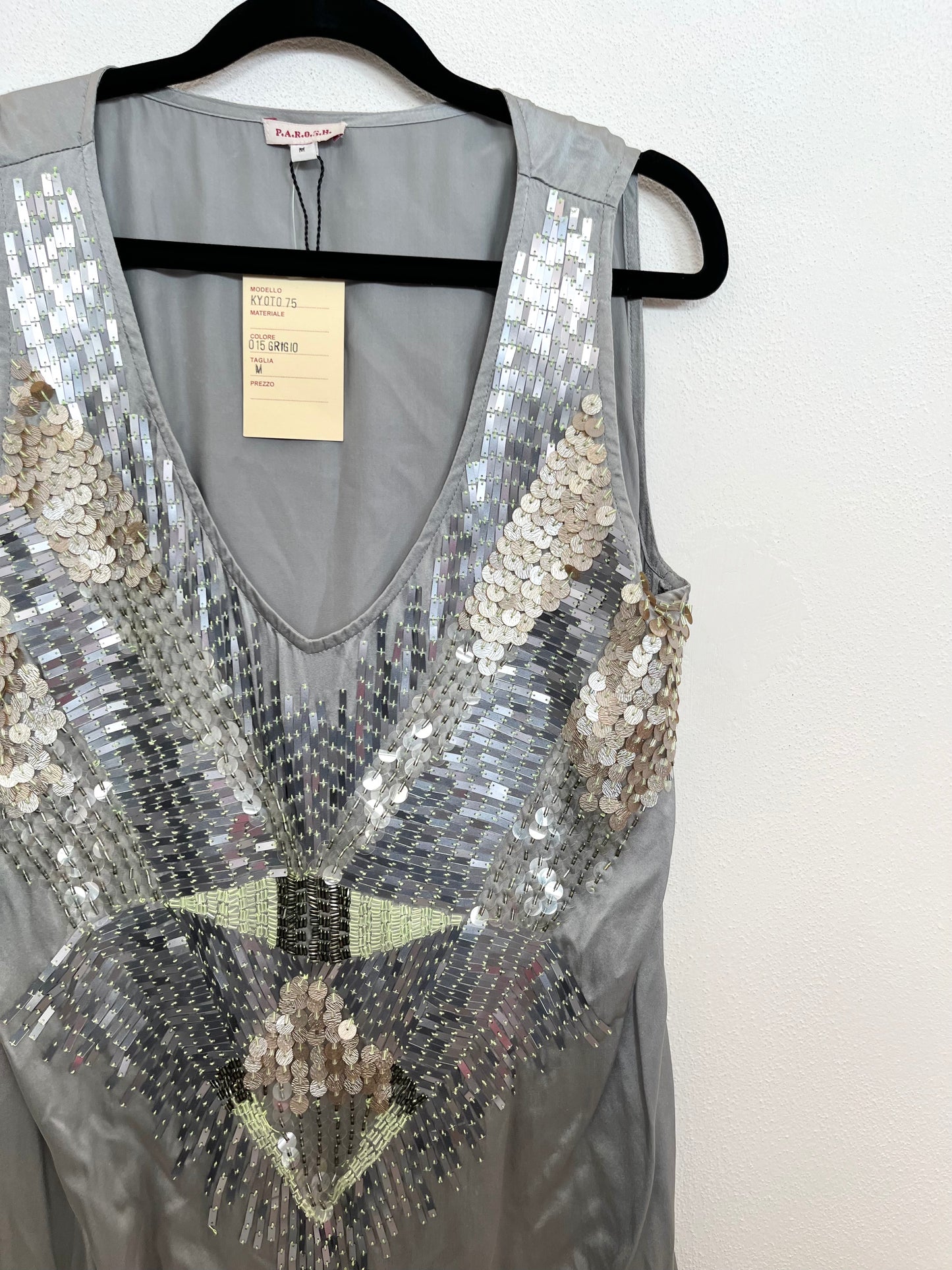 PAROSH Grey Jewel Tank Top with Sequin Embroidery