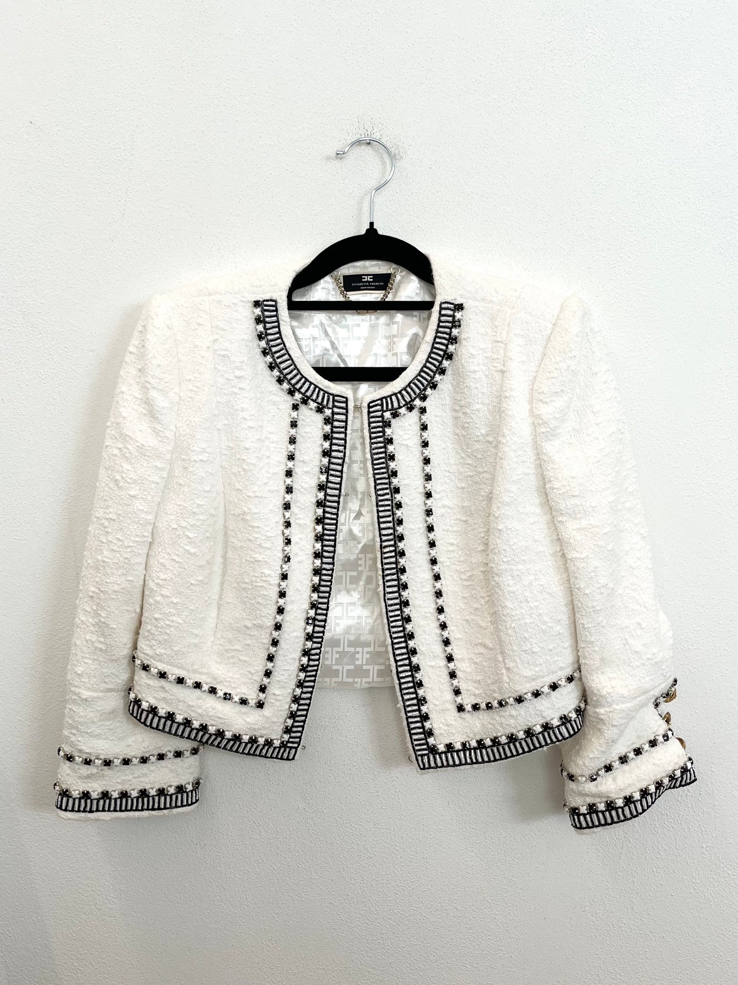 Giacca cropped Elisabetta Franchi in tweed con profili a contrasto