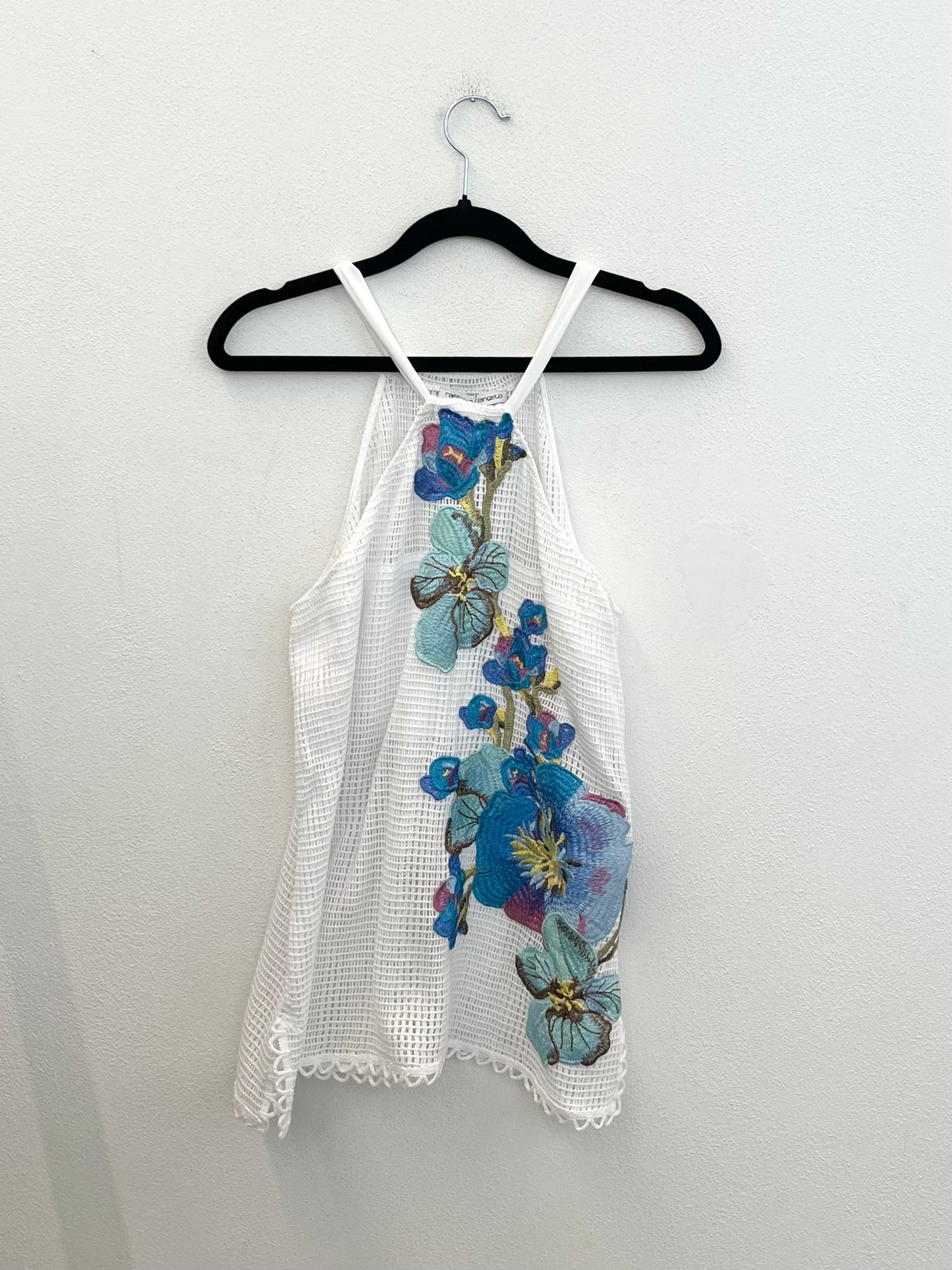 Top halter Raffaella D'Angelo a rete con maxi ricamo floreale
