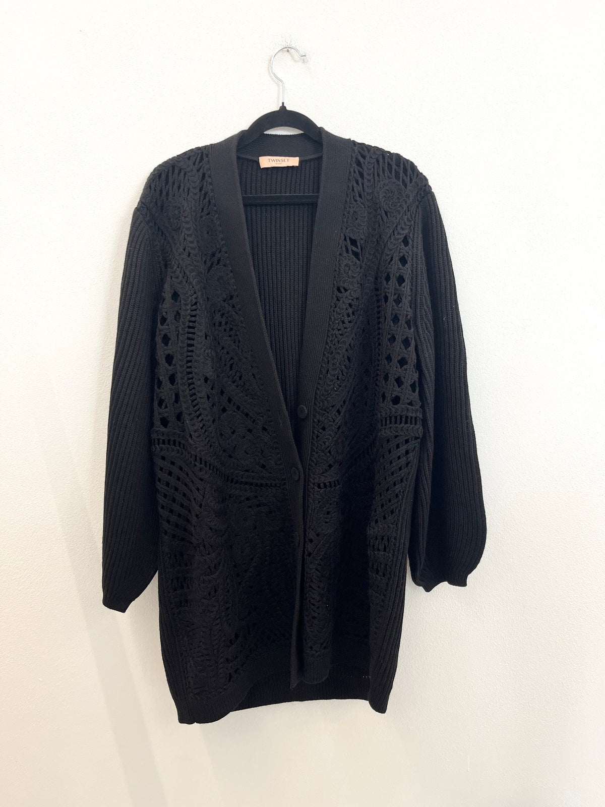 Cardigan TwinSet Lungo in Maglia Traforata Nera