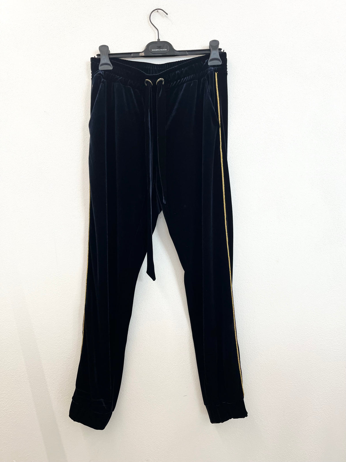 Pantaloni Pinko Jogger in Velluto blu con Banda Laterale Dorata
