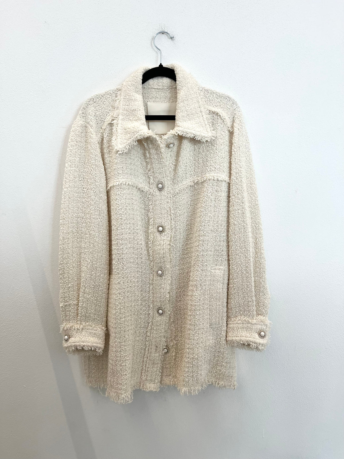 Blazer in Tweed Bianco Crema con Finiture Sfilacciate