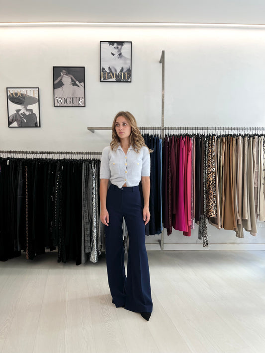 Light blue cropped cardigan + blue wide-leg trousers