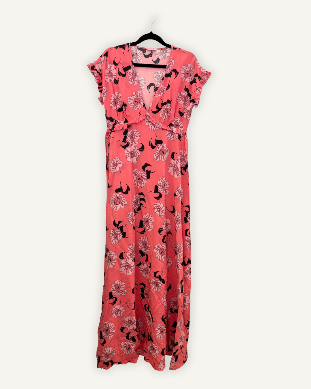 PAROSH Coral Long Dress with Black Floral Print and Ruffle Trims