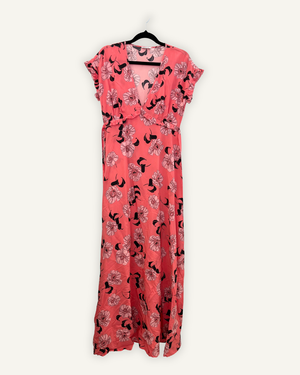 PAROSH Coral Long Dress with Black Floral Print and Ruffle Trims